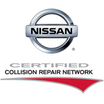 Nissan Certified Collision Repair Network logo featuring a stylized car silhouette and the brand name in bold letters.