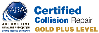 Logo indicating certified collision repair facility at Gold Plus level, symbolizing high standards in vehicle repair services