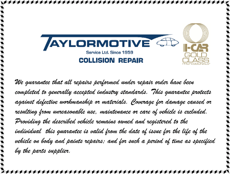 Logo of Taylormotive Collision Repair, featuring a stylized car silhouette and the company name in bold letters