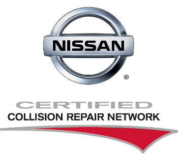 Nissan Certified Collision Repair Network logo featuring a stylized car silhouette and the brand name in bold letters.