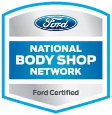 Ford certified body shop network logo featuring a blue shield with a white outline and the text "Ford Certified Body Shop.